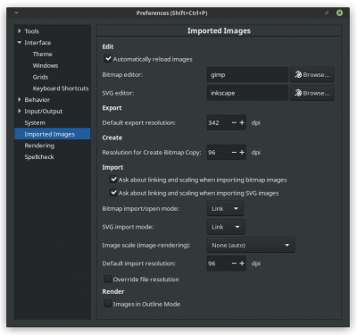 Imported Images section in the preferences with new SVG options